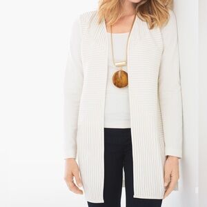 CHICO'S Size 2 Ecru‎ Faux Leather Strip Open Front Cardigan Coastal Lagenlook L